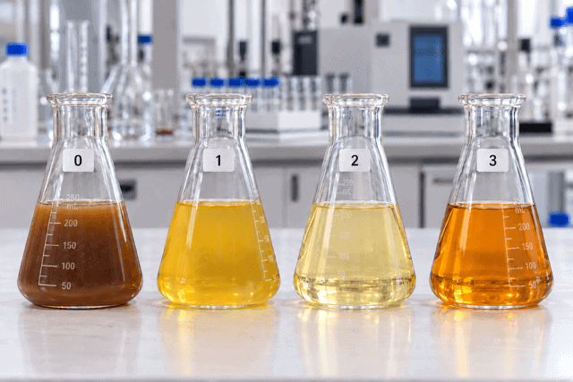 PFAS wastewater treatability testing 2 Laboratory flasks containing wastewater samples during PFAS treatment testing and assessment.