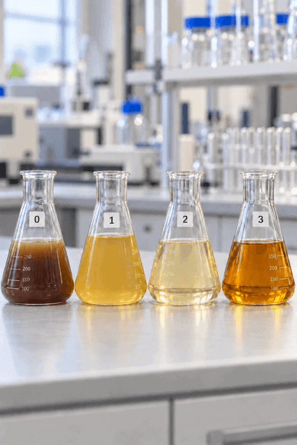 PFAS wastewater treatability testing Laboratory flasks containing wastewater samples during treatment testing and assessment.